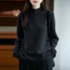Suéter de Lã Pulôver com Zíper Gola Alta Meia-Estação Outono Inverno Cinco Agulhas Solto Versátil Manga Longa Cor Lisa Camiseta Básica Roupas Simples Femininas
