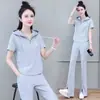 Traje Deportivo de Moda para Mujer, Verano 2026, Manga Corta Pantalón Largo, Conjunto Casual con Capucha Versátil y Elegante de Dos Piezas, Ropa de Mujer de Moda