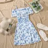 2026 Ropa Infantil Amazon Moda Europea y Americana Vestido Floral sin Tirantes de Manga Corta Estilo Francés con Ceñido a la Cintura Estilo Vacaciones