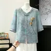 Roupas de Verão para o Dia das Mães para a Mamãe, Nova Blusa Chinesa com Mangas Médias, Camisa da Moda para Mulheres de Meia-Idade e Idosas, Camisa de Estilo Chinês Tradicional com Botões Frontais