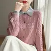 Cardigan de Tricô Gola Polo Lã Fina Outono/Inverno 2026 Manga Longa Feminino Cor Twist Color Block Falso Duas Peças