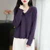 Cárdigan de punto de lana fina de estilo nuevo de primavera con solapas y bordes rizados, chaqueta superior holgada de estilo coreano color morado para mujer