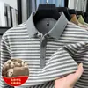 Camisa polo de manga larga para hombre para otoño e invierno [lana + seda de morera], de alta calidad, cálida, cepillada, a rayas y con cuello camisero
