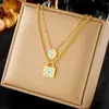Collar Colgante Redondo de Moda para Mujer Cadena Apilable de Doble Capa Retro Acero Inoxidable Chapado en Oro Cadena para Clavícula con Sentido de Alta Gama