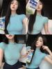 [Atacado Internacional] Camiseta Azul Justa com Efeito Emagrecedor Manga Curta Gola Alta Meia Sexy Elástica Top Camada de Baixo