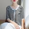 Linho de Bambu 2026 Verão Novo Moda Feminina Color Block Logo no Peito Gola Redonda Listrado Manga Curta Tricô Camiseta Top