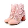 Sapatos de malha de primavera com flores bordadas, couro, bico redondo, salto alto, sandálias de malha grossa, renda, couro de vaca, tamanho pequeno, sapatos femininos