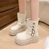 Botas Femininas de Veludo de Alta Qualidade para Meio da Panturrilha 2025 Outono e Inverno Nova Moda Versátil e Confortável Botas de Neve com Solado Grosso para Mulheres