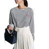 Camiseta de Manga Larga Rayada Elástica Holgada Clásica Retro Cuello de Una Línea Personalizable Estilo Perezoso Algodón Bordado Top Chic