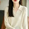 Suéter de punto de manga larga nuevo estilo de primavera, cuello POLO de algodón puro, medio abierto, a rayas, ajustado, moderno, versátil, top adelgazante para mujer