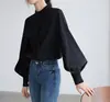 831 Suministro Cruzado 2025 Nuevo Estilo de Hong Kong Retro Cuello Alto de Pie de un Solo Botón Mangas de Linterna Elegantes Camisa Casual