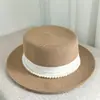 Chapéu de Palha de Topo Plano para Mulheres, Chapéu de Sol Elegante Estilo Francês com Pérolas para Férias na Praia de Verão