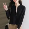Chaqueta suéter de punto elegante y a la moda con cuello redondo y doble cremallera para mujer, nueva versión coreana de otoño e invierno, corte holgado, cárdigan de punto elegante y versátil