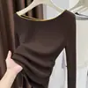 26 Novo Suéter de Tricô Color Block Estilo Coreano Primavera e Outono Slim Fit Sexy Ombro a Ombro Camiseta Manga Longa Top Ombro a Ombro para Mulheres