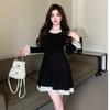 Vestido de Renda Tricotado Estilo Hepburn Plus Size Moda Outono Feminina Elegante Vestido Preto Pequeno para Menina Cheinha Saia Emagrecedora que Cobre a Barriga