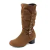 Novas Botas Suede Descontraídas com Fivela e Tachas, Botas Cano Médio Slim, Botas de Salto Médio Robusto, Tamanhos 30-50, Botas de Exportação
