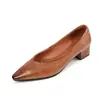 Zapatos de vestir de piel de becerro de primera capa, color cepillado, boca baja, para mujer, retro, tacón grueso, zapatos de vestir nuevos, de esta piel, punta fina, tacón medio, zapatos de moda 40