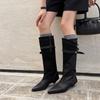 Botas hasta la rodilla de tacón de gatito con ambiente estilo francés 2025 Otoño e Invierno Botas altas de punta con tacón bajo y hebilla de cinturón para mujer