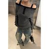Look Adelgazante de Otoño Estilo Sexy de Un Hombro Camiseta de Manga Larga para Mujer Diseño Chic Rayado Americano Off-Shoulder Top