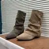 Botas de punta afilada con acabado mate y tacón de bloque para mujer, botas de otoño 2026 hasta la pantorrilla, tacón de aguja, botas ajustadas retro Maillard