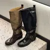 Mismo estilo que Mao*tong~Tacón Grueso de 4.5cm Botas de Caballero de Cuero Pulido Retro de Caña Alta para Pantorrilla Ancha Botas Largas Marrones para Mujer