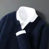 Suéter de punto 100% lana con cuello en V para otoño e invierno, camiseta base, suéter de punto de manga larga de color liso, moderno, holgado, casual para negocios