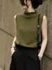 Linda Camiseta de Verão 2026 para Mulheres, Design Novo, Cor Verde Oliva, Tricô, Gola Meia-Alta, Sem Mangas, Top Soltinho e Emagrecedor