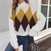 Otoño e Invierno Nuevo Amazon Transfronterizo Comercio Exterior Rombos Suéter de Mujer Moda de Alta Gama Color en Contraste Tejido Top Básico