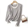 Moda Coreana de Moda Empalmado Falso Dos Piezas Terciopelo Tencel Lana Cuello Redondo Elástico Aspecto Adelgazante Camiseta Interior Camiseta