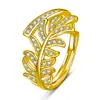 Anel de folha com strass integral de personalidade criativa estilo frio ins alto senso anel de folha com zircônia de celebridade da internet para mulheres