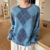Otoño Invierno 2026 Cuello Redondo Patrón de Diamantes Tejido de Lana Felpa para Mujer Grueso Estilo Perezoso Retro Cepillado Suéter Holgado