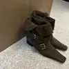 Versão em Couro Bota Cowboy Ocidental Estilo Coreano Nicho Botas Curtas Salto Grosso Bico Quadrado Pequeno Fivela de Cinto de Couro Cruzada Botas Emagrecedoras