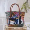 Bolsa de Palha Colorida de Cachorro Desenho Animado, Bolsa para o Trabalho/Comutador, Cesta de Legumes Portátil, Bolsa de Praia de Rattan Sintético, Bolsa de Mão para Piquenique
