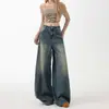 Pantalones de pierna ancha fluidos con forma de pera azul estilo vintage para mujer, Jeans sueltos de cintura alta nuevos y modernos de estilo americano