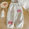 [Casa Rosa] Calça de Moletom Feminina com Laço e Forrada em Lã, Calça Casual Espessa de Outono, Roupa de Inverno para Meninas, Estilo Coreano Transfronteiriço