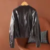 Transfronterizo 2026 nuevo modelo chaqueta de cuero de oveja encerado para mujer con cuello alto estilo biker abrigo corto al por mayor moderno