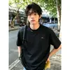 Camiseta bordada Cleanfit azul marino para hombre, estilo americano de verano, cuello redondo, hombro normal, manga corta, peso pesado, tacto de alta gama, manga media