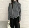 Cardigan de Tricô com Gola Alta e Zíper Duplo Novo Estilo Outono/Inverno Europeu e Americano para Mulheres, Solto, Casual, Estilo Preguiçoso, Cor Sólida, Casaco Suéter