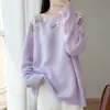 Suéter de punto dulce floral tridimensional 100% lana mercedizada para mujer, jersey de cuello redondo, top base azul versátil