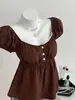 Ropa de Mujer Transfronteriza Europea y Americana, Nuevo Estilo de Verano, Casual y a la Moda, Cuello en U de Lunares, Mangas Cortas con Cierre de Tres Botones en la Cintura