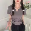 Estilo Caliente Top Verano Nuevo Cuello en V Manga Corta Camiseta Mujer Versátil Elástico Delgado Corto Hombro Derecho Top