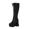 Botas Femininas Longas Plataforma Salto Grosso Halloween Retrô Gótico Cadarço Outono Inverno de Cano Alto Comércio Exterior Europeu e Americano Transfronteiriço