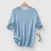 Camiseta gola redonda, modelagem solta, barra dobrada, pronta para usar, manga curta, casual, versátil, top de tricô, estilo fino, veludo de verão feminino