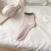 Meias Finas de Malha Fofa para Primavera-Verão com Bordas Franzidas, Meias Curtas Respiráveis da Moda com Color-Blocking e Punhos Duplos Canelados para Estudantes e Esportes