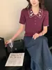 Camisa tipo polo de punto ajustada, hecha a mano con ganchillo floral resistente, estilo vintage francés, top fresco de manga corta para mujer
