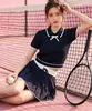 Conjunto de outfit de tenis estilo universitario para mujer, Polo de punto de manga corta, falda plisada de cintura alta, conjunto de dos piezas, bádminton tenis