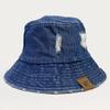 Chapéu de Pescador Retrô de Jeans Lavado Estilo Hong Kong para Mulheres Primavera e Verão 2025 Novo Estilo Rasgado e Desgastado Street Trendy Chapéu Balde