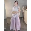 Roupa Casual de Verão Versátil Nova Elegante Estilo Chinês Estampada Camisa de Manga Curta Estilo Chinês Terno de Calça-Saia Solto e Suave para Mulheres