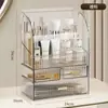 Caja de almacenamiento de cosméticos a prueba de polvo, estante con cajón para productos de cuidado de la piel y labiales en el tocador, caja acrílica transparente