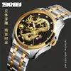 SKMEI Moda Estilo Chino Tótem Dragón Grabado Correa de Acero Inoxidable Reloj Calendario de Negocios para Hombre